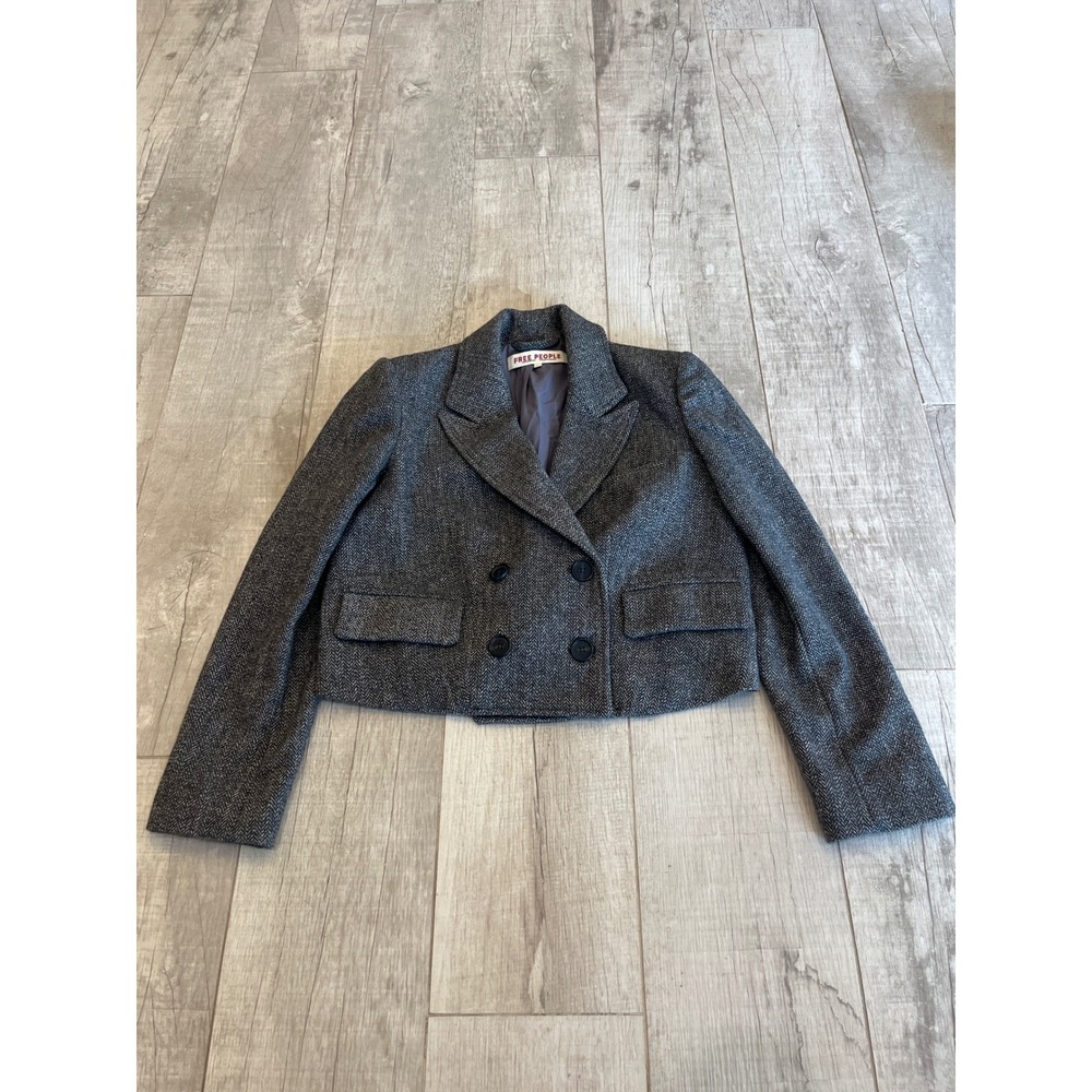 Free People Grey Herringbone Cropped Blazer Double Breasted Jacket XS - Picture 2 of 9
